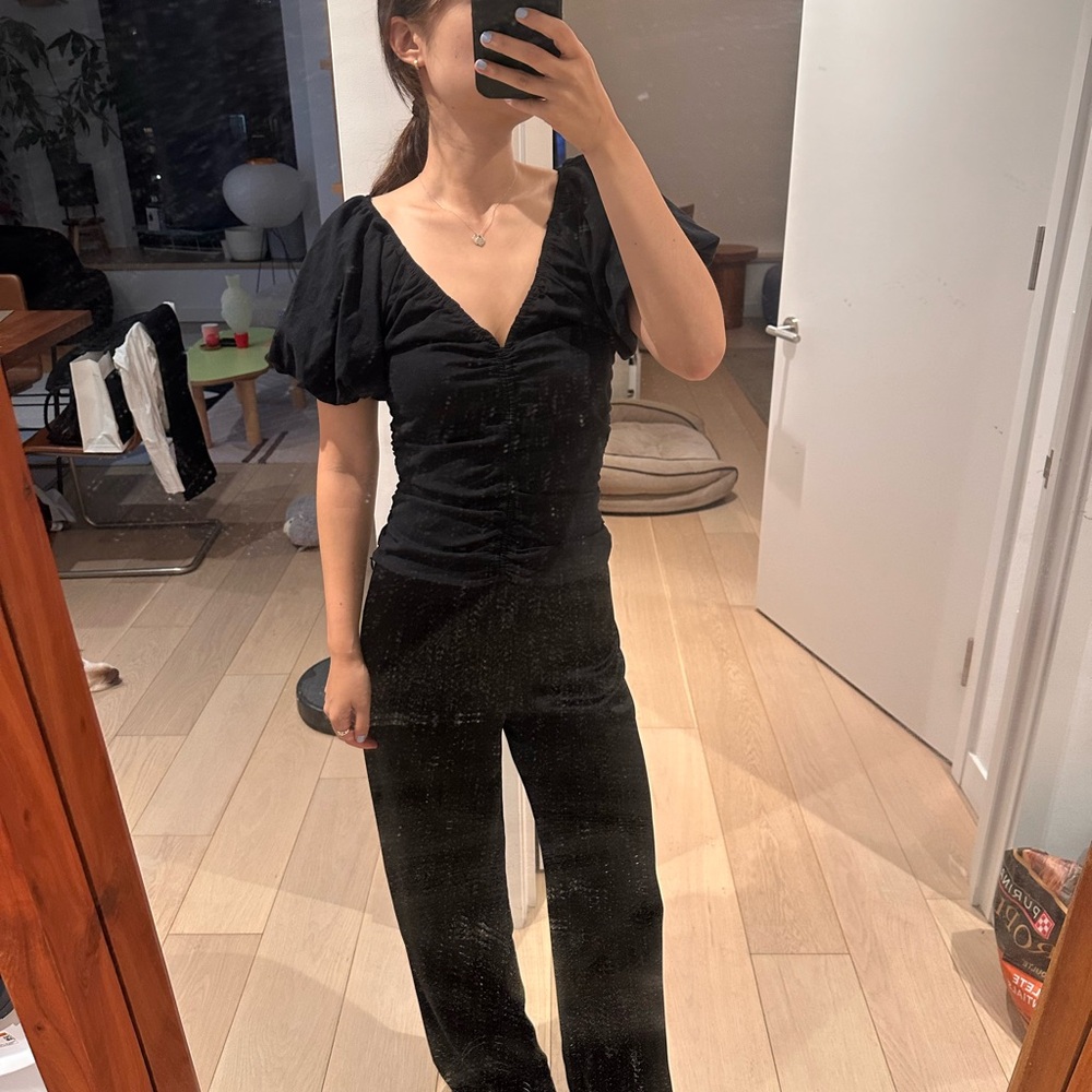 Reformation Deep V Neck Black Puff Sleeve Top